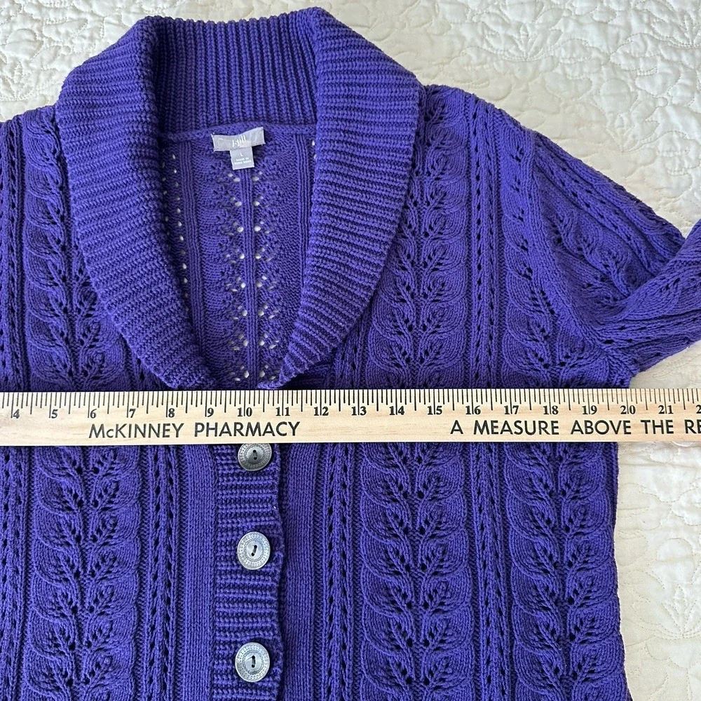 J Jill Knit Sweater Cardigan Medium Cable‎ Pointelle Purple Cotton Blend Chunky - Picture 10 of 12